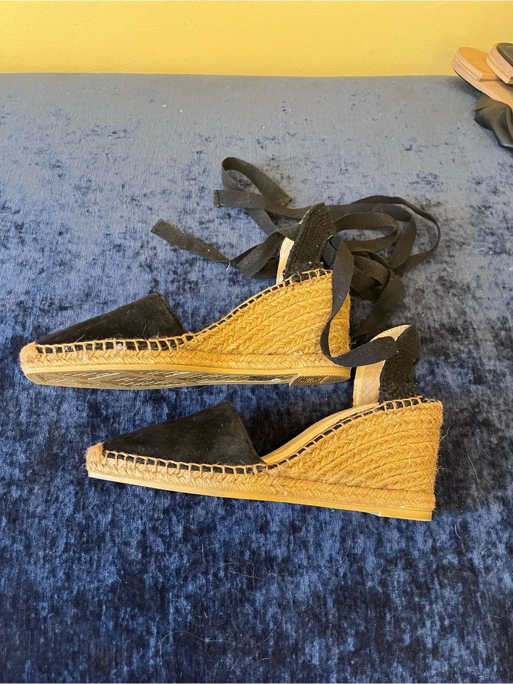 Boden Black Suede/Raffia Espadrille Wedge Sandals - Women